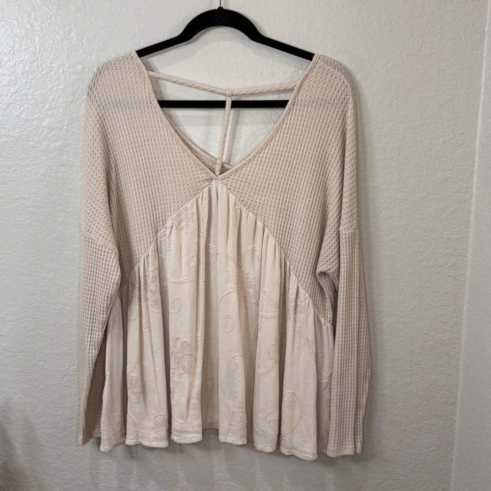 ODDI Waffle Knit Embroidered Babydoll Top Beige 3X Boho Cottagecore Fall Neutral